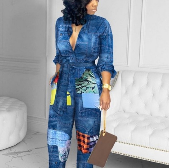Denim Look Patchwork Jumpsuit - Picture 2 of 2